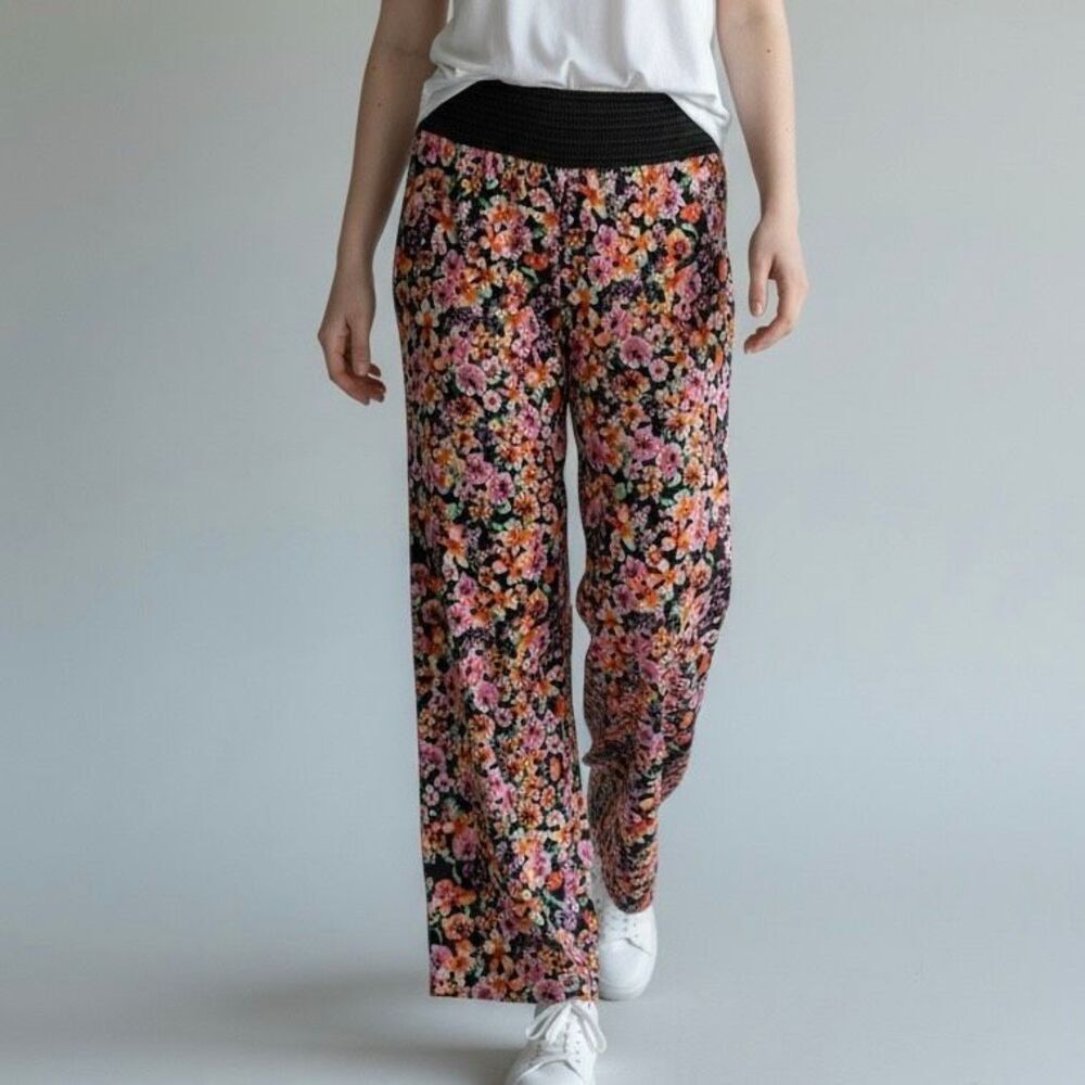 Copper Key S Bright Floral Stretchy Wide Leg Pants Boho Hippie Artsy Preppy Chic